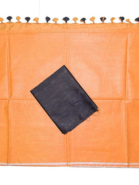 Orange women's Bhagalpuri Blend Linen Saree With Black Pipin Contrast Blouse Piece