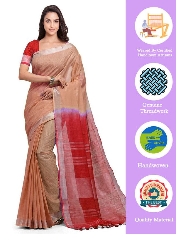 Persian Orange & Red women's Handloom Bhagalpuri Linen Blend Two Dye Saree With Running Unstitched Blouse Piece - View 2