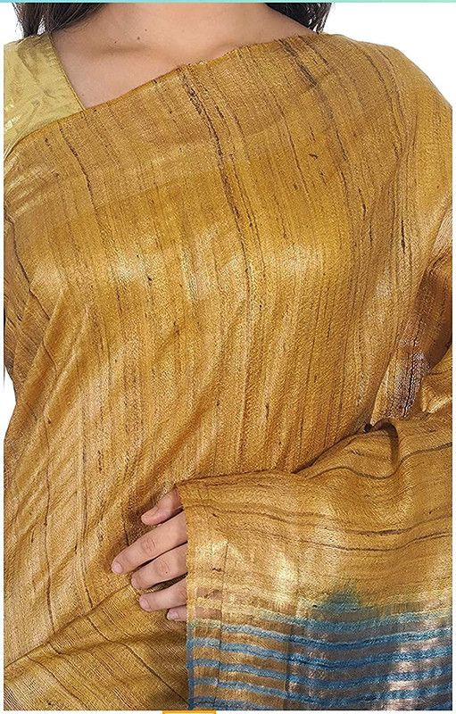 Tussar Ghicha Silk Handloom Two Dye Saree with Zari Border (Sutlea_Blue & Tusik_Brown) - View 4