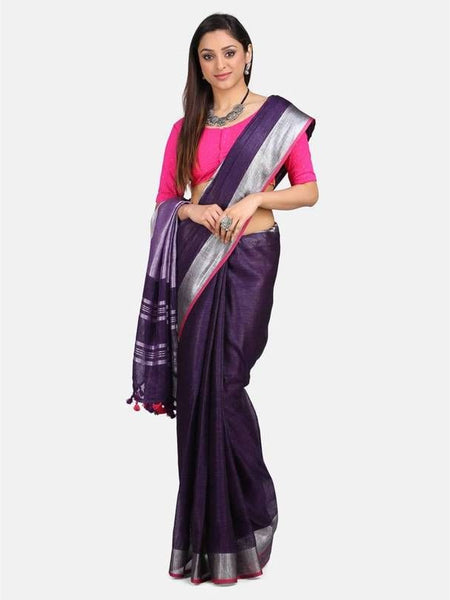 Linen Cotton Blend Contrast Handloom Bhagalpuri Saree for Women (French_Purple-Pink ) - View 2