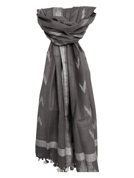 Linen Cotton Blend Zari Weaving Handloom Ikkat Dupatta (12017 Grey)