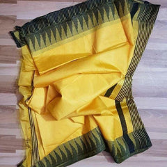 Semi Tussar Silk Handloom Temple Border Bhagalpuri Saree (100176 Canary_Yellow-Black)
