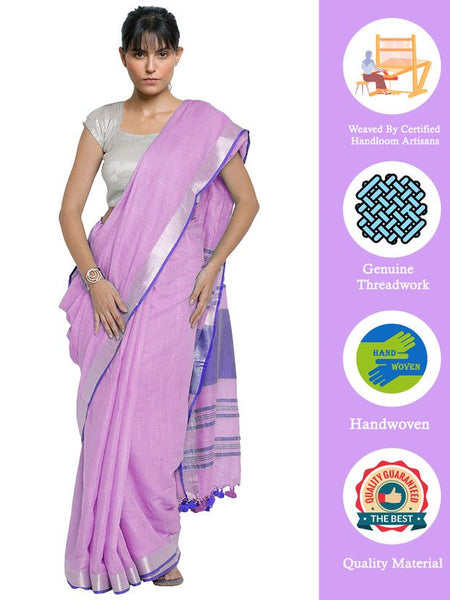 Lavender Pink-Blue women's Bhagalpuri Handloom Cotton Linen Blend Contrast Pallu Saree And Unstitched Contrast Blouse Piece - View 2