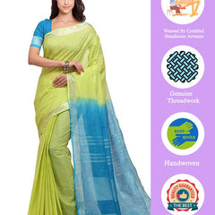 Chartreuse Yellow & Capri Cyan women's Bhagalpuri Handloom Linen Cotton Blend Two Dye Saree With Running Unstitched Blouse Piece - View 2