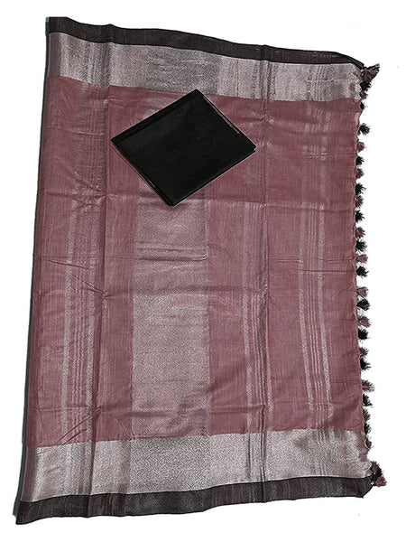 Redwood Brown Bhagalpuri Handloom  Linen Slub Blend Saree With Black Pipin Contrast Blouse Piece - View 5