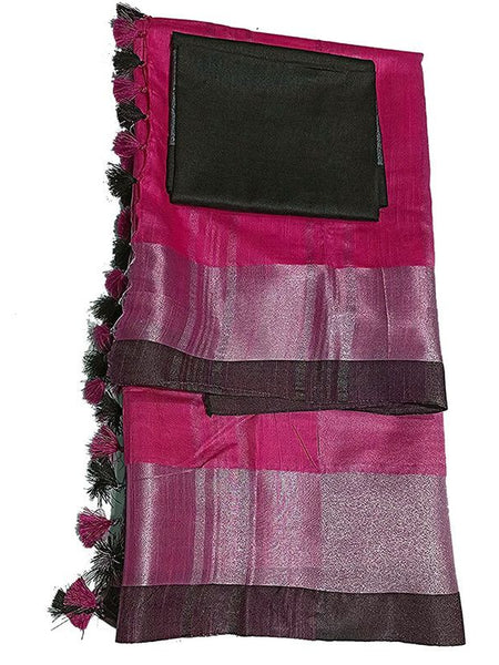 Cerise Pink Bhagalpuri Handloom women's Linen Slub Blend Saree With Black Pipin Contrast Blouse Piece - View 2