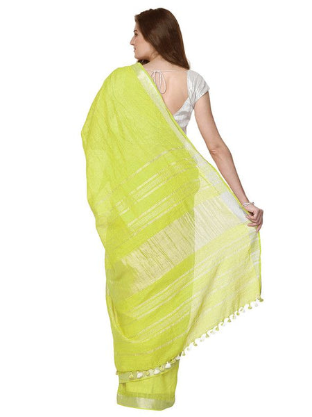 Lemon Yellow women's Handloom Bhagalpuri Cotton Linen Slub Blend Zari Border Saree Ethnic Wear With Running Unstitched Blouse Piece - View 3