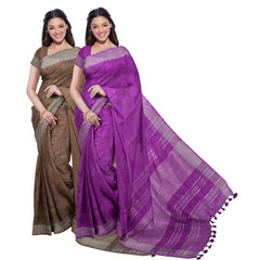 Brown & Electric Purple women's Bhagalpuri Handloom Cotton-Linen Blend Saree Combo (Pack Of 2) With Running Unstiched Blouse Piece