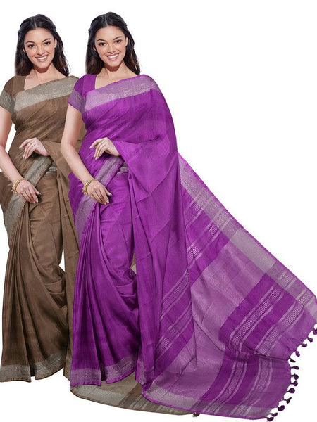 Brown & Electric Purple women's Bhagalpuri Handloom Cotton-Linen Blend Saree Combo (Pack Of 2) With Running Unstiched Blouse Piece