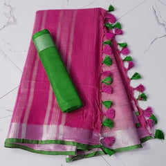 Handloom Bhagalpuri Linen Cotton Blend Contrast Border Saree for Women (12636 Hot_Pink-Green)
