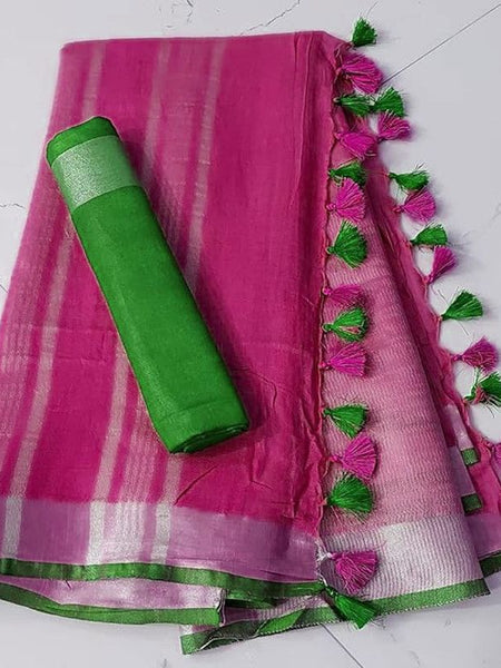 Handloom Bhagalpuri Linen Cotton Blend Contrast Border Saree for Women (12636 Hot_Pink-Green)