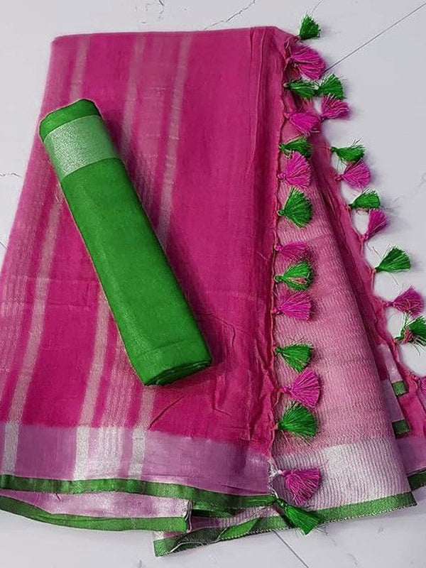 Handloom Bhagalpuri Linen Cotton Blend Contrast Border Saree for Women (12636 Hot_Pink-Green)