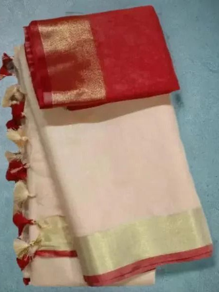 Beige-Red women's Handloom Bhagalpuri Cotton Linen Blend Saree Ethnic Wear With Contrast Unstitched Free Blouse Piece