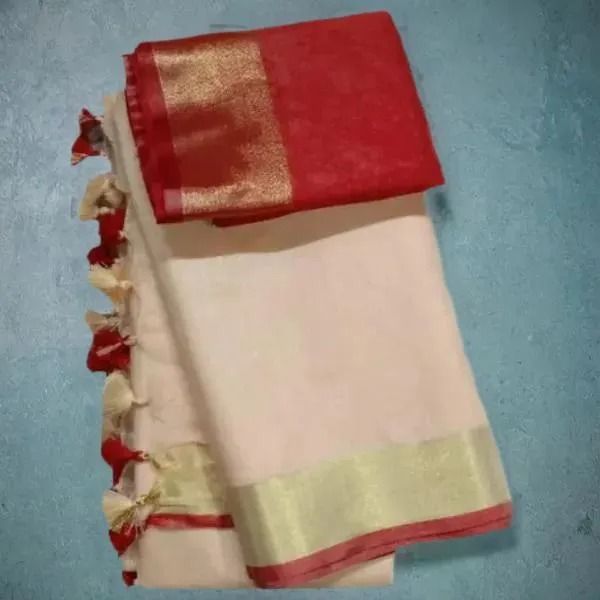 Beige-Red women's Handloom Bhagalpuri Cotton Linen Blend Saree Ethnic Wear With Contrast Unstitched Free Blouse Piece