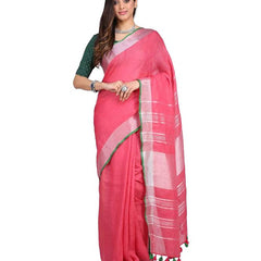 Linen Cotton Blend Contrast Handloom Bhagalpuri Saree (Hot_Pink-Green)
