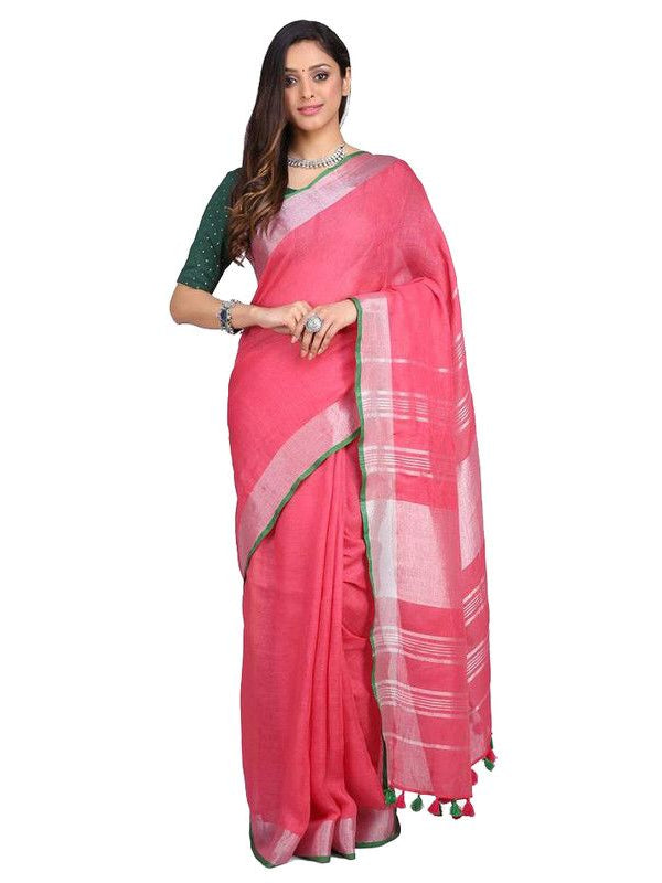 Linen Cotton Blend Contrast Handloom Bhagalpuri Saree (Hot_Pink-Green)