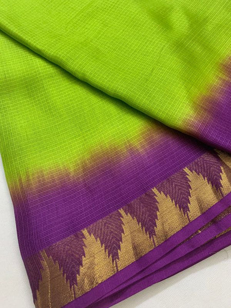 Kota Organza Silk Handloom Two Dye Net Saree with Temple Border (Kelly_Green & Magenta) - View 2