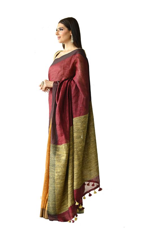 Handloom Pure Linen Dual Color Saree with Ghicha Pallu (Marron_Red & Yellow) - View 2
