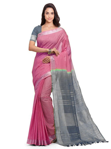 Flamingo Pink & Grey women's Bhagalpuri Handloom Ethnic Wear Linen Two Dye Saree With Running Unstitched Blouse Piece