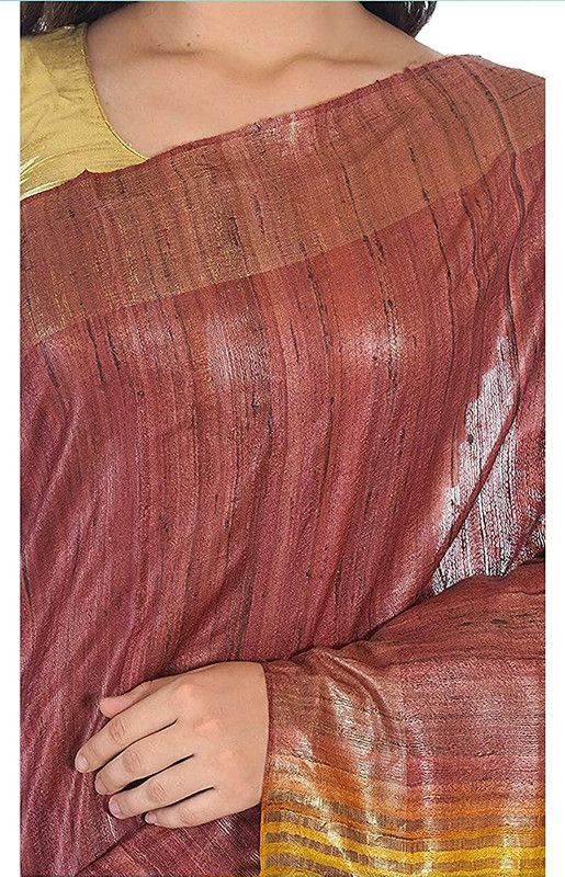 Handloom Tussar Ghicha Silk Bhagalpuri Two Dye Saree (Chico_Brown & Yellow) - View 4