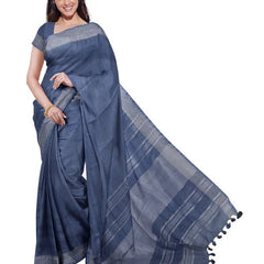 Lake Blue women's Bhagalpuri Handloom Linen Blend Saree And Variation Of Colors With Running Unstiched Blouse Piece