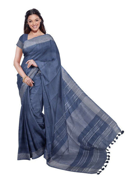Lake Blue women's Bhagalpuri Handloom Linen Blend Saree And Variation Of Colors With Running Unstiched Blouse Piece