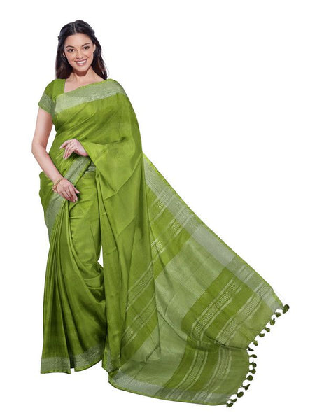 Green women's Bhagalpuri Handloom Linen Blend Saree And Variation Of Colors With Running Unstiched Blouse Piece - View 4
