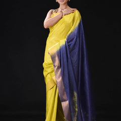 Tussar Munga Silk Handloom Zari Border Two Dye Bhagalpuri Saree (Egyptian_Blue & Canary _Yellow) - View 5