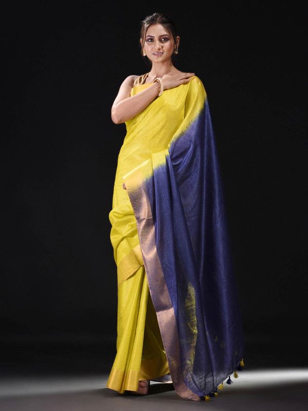 Tussar Munga Silk Handloom Zari Border Two Dye Bhagalpuri Saree (Egyptian_Blue & Canary _Yellow) - View 5