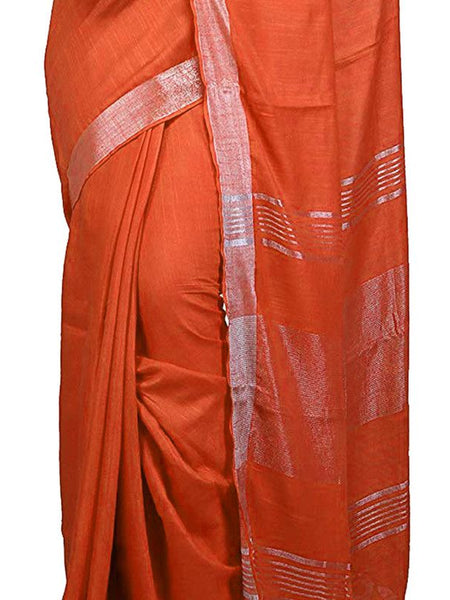 Orange Bhagalpuri women's Handloom Linen Cotton Ethnic Wear Saree With Running Unstitched Blouse Piece - View 5