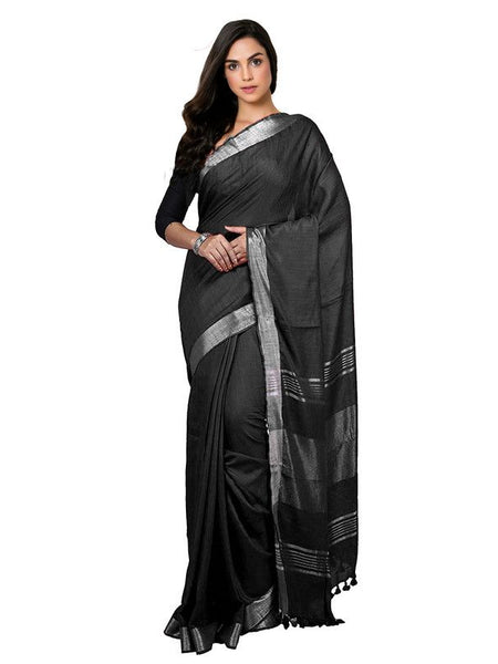 Black Bhagalpuri women's Handloom Linen Cotton Ethnic Wear Saree With Running Unstitched Blouse Piece - View 2