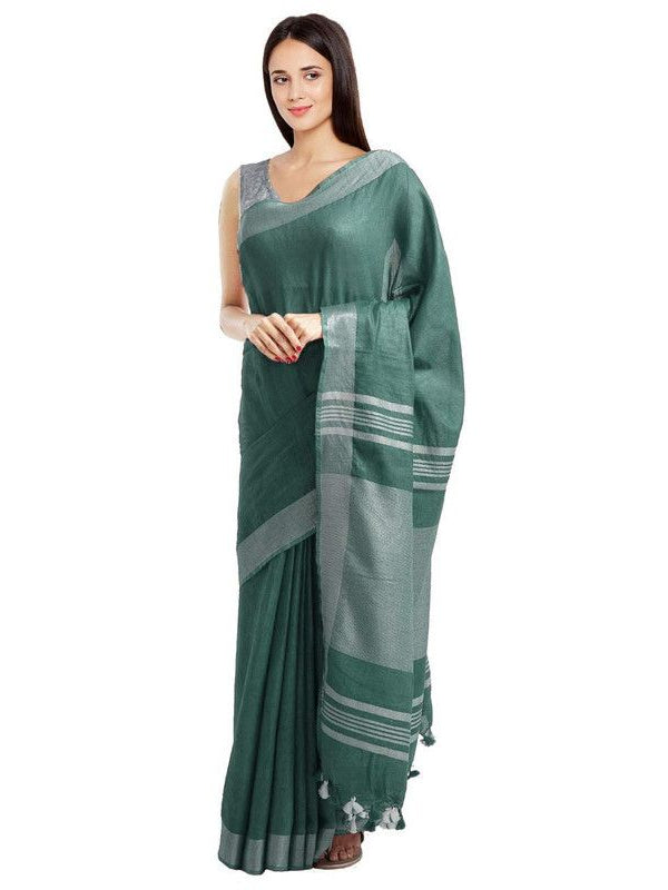 Hookers' Green women's Bhagalpuri Handloom Blend Linen-Cotton Saree With Running Unstiched Blouse Piece_Free Size_Variation Of Colors