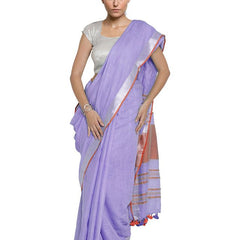 Lavener Purple-Red women's Bhagalpuri Handloom Cotton Linen Blend Contrast Pallu Saree And Unstitched Contrast Blouse Piece