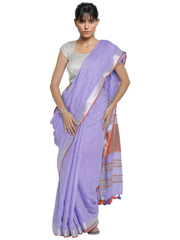 Lavener Purple-Red women's Bhagalpuri Handloom Cotton Linen Blend Contrast Pallu Saree And Unstitched Contrast Blouse Piece