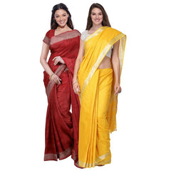 Red & Yellow women's Bhagalpuri Handloom Cotton-Linen Blend Saree Combo (Pack Of 2) With Running Unstiched Blouse Piece