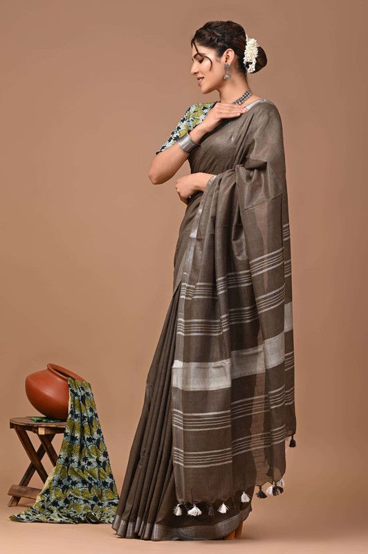 Linen Cotton Blend Handloom Bhagalpuri Saree with Zari Border (12791 Kabiye_Brown) - View 2