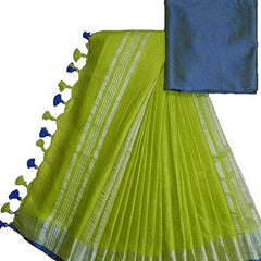 Green-Blue women's Handloom Bhagalpuri Linen Cotton Blend Saree Ethnic Wear With Contrast Unstitched Blouse Piece - View 2