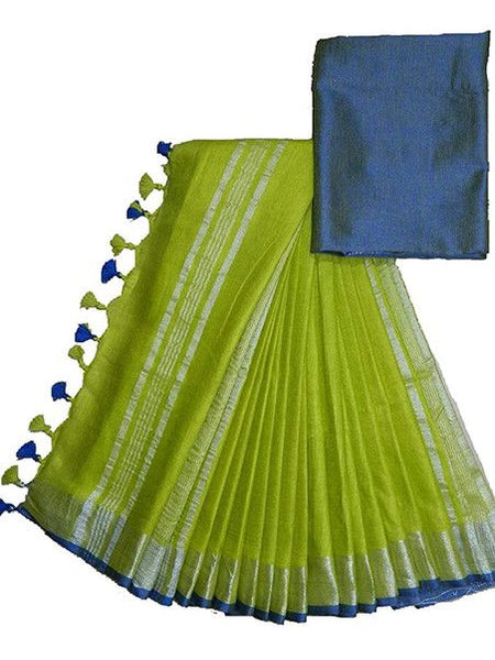 Green-Blue women's Handloom Bhagalpuri Linen Cotton Blend Saree Ethnic Wear With Contrast Unstitched Blouse Piece - View 2