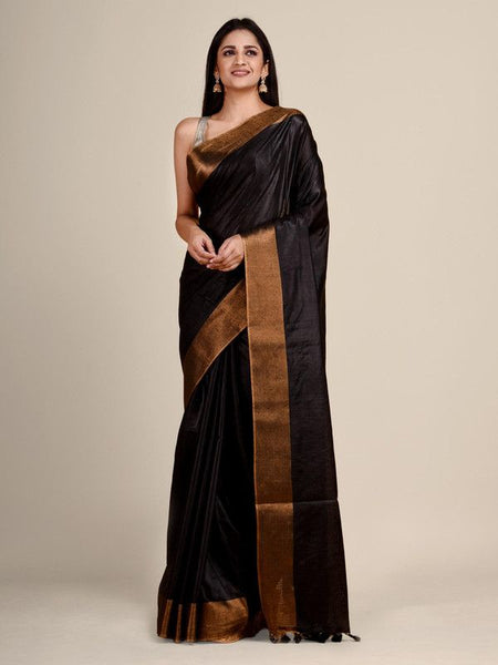 Bhaglpuri Handloom Tussar Silk Munga Blend Black Saree for women's