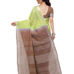 Lime Green & Brown women's Handloom Bhagalpuri Linen Blend Two Dye Saree With Running Unstitched Blouse Piece