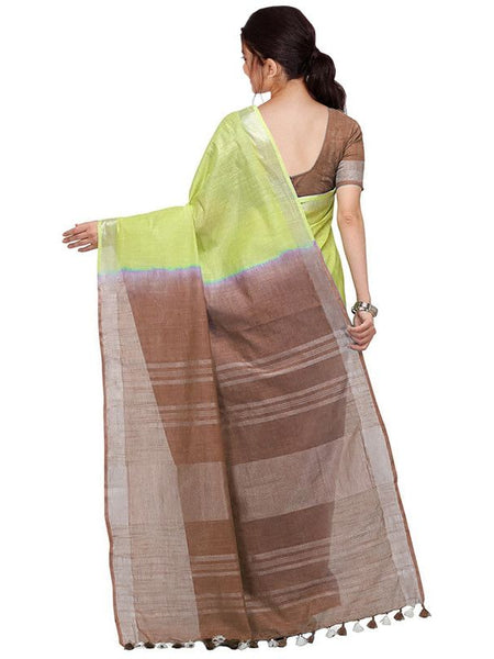 Lime Green & Brown women's Handloom Bhagalpuri Linen Blend Two Dye Saree With Running Unstitched Blouse Piece