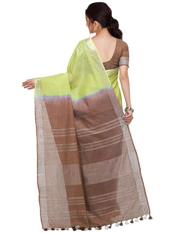 Lime Green & Brown women's Handloom Bhagalpuri Linen Blend Two Dye Saree With Running Unstitched Blouse Piece
