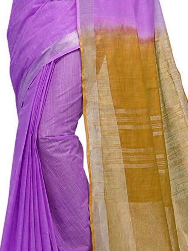 Lilac Purple & Golden Brown women's Bhagalpuri Handloom Ethnic Wear Linen Two Dye Saree With Running Unstitched Blouse Piece - View 5