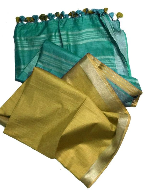 Kepple Cyan & Equator Tan Bhagalpuri women's Ethnic Wear Handloom Linen Cotton Blend Zari Border Two Dye Saree With Running Unstitched Blouse Piece - View 4
