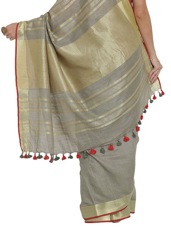 Rusty Grey women's Bhagalpuri Handloom Cotton Linen Blend Saree With Contrast Unstiched Striped Blouse Piece - View 2