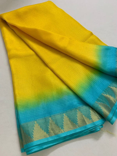 Kota Silk Doriya Organza Net Temple Border Two Dye Saree with Free Blouse Piece(Canary_Yellow & Cyan) - View 2