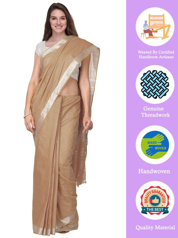 Camel Brown women's Handloom Bhagalpuri Cotton Linen Slub Blend Zari Border Saree Ethnic Wear With Running Unstitched Blouse Piece - View 2