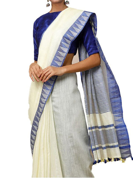 Off-White women's Bhagalpuri Handloom Kota Silk Temple Border Saree And Variation Of Colors With Striped Blouse Piece - View 3