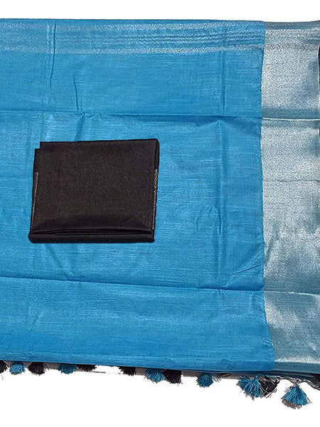 Cyan Bhagalpuri Handloom women's Linen Slub Blend Saree With Black Pipin Contrast Blouse Piece - View 3