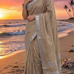 Handwoven Linen Blend Saree With Running Blouse Piece(Beige)